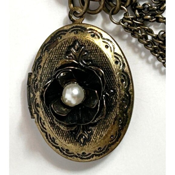 Vintage Brass Locket & Owl Pendant Necklace With Chains & Crystal Accents Costum - Picture 3 of 11